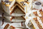 Saftiger Nuss Eierlikör Kuchen auf einem Teller serviert, verziert mit Nüssen.