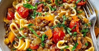 Ein Teller One-Pot-Pasta mit Linsen, einfach und köstlich zubereitet.