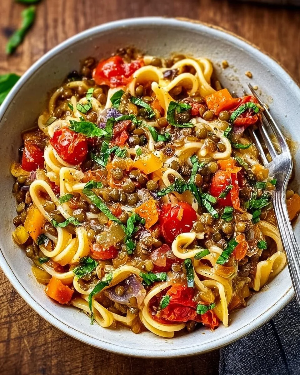 Ein Teller One-Pot-Pasta mit Linsen, einfach und köstlich zubereitet.