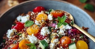 Orientalischer Rote Linsensalat mit Feta auf einem Teller serviert.