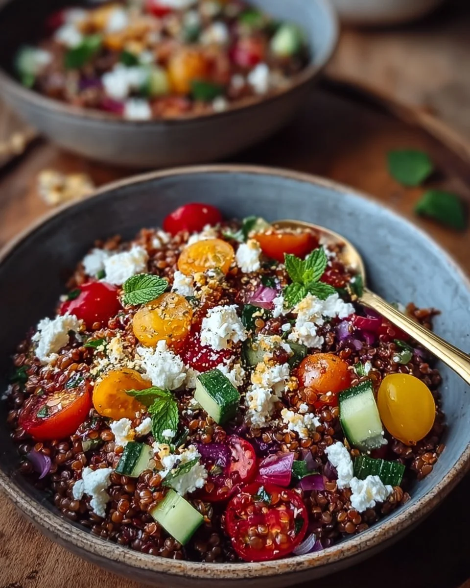 Orientalischer Rote Linsensalat mit Feta auf einem Teller serviert.