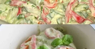 Paprika Gurkensalat mit Joghurt in einer Schale serviert