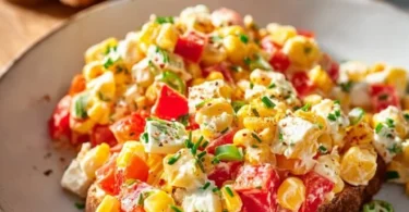 Paprika-Mais-Salat mit Feta und Joghurt auf einem hübschen Teller angerichtet