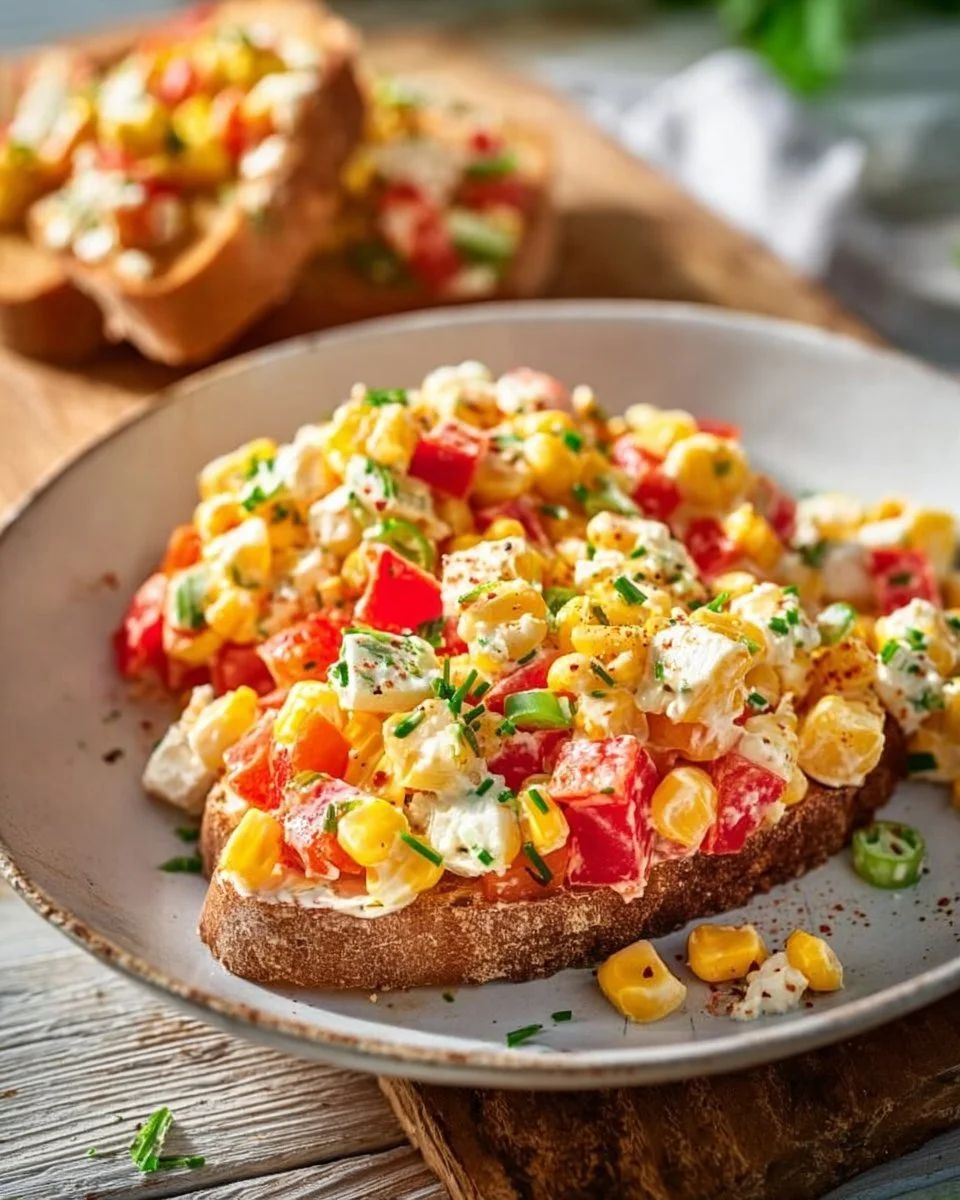 Paprika-Mais-Salat mit Feta und Joghurt auf einem hübschen Teller angerichtet