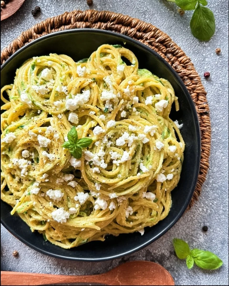 Pasta mit hausgemachter Zucchini-Sauce in einer Schale.