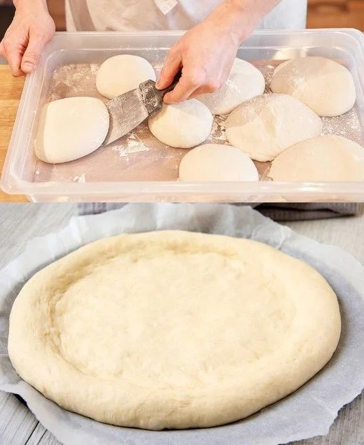 Hausgemachter Pizza Teig auf einer Holzplatte vorbereitet für Pizza