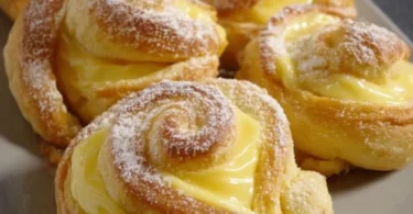 Ein Teller voller frisch gebackener Puddingschnecken mit Puddingfüllung.