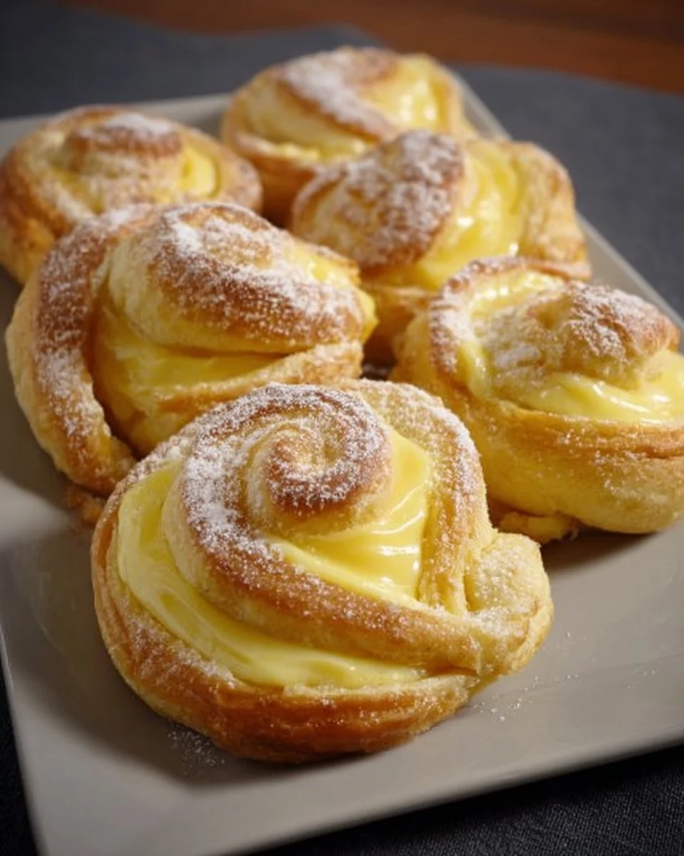 Ein Teller voller frisch gebackener Puddingschnecken mit Puddingfüllung.