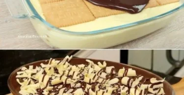 Quark-Dessert mit Schokolade in einer eleganten Dessertschale