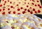 Quark-Kirschkuchen fertig gebacken im Ofen, ein schnelles Rezept.