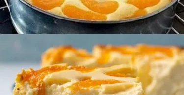 Leckerer Quarkkuchen mit Mandarinen auf einem Tisch serviert