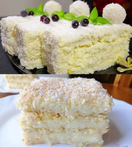 Raffaello Kuchen ohne Backen auf einem Teller angerichtet
