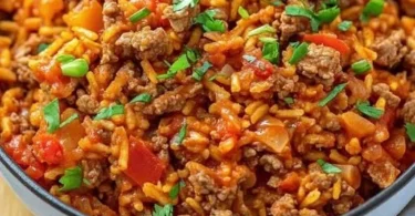 Reis Hackfleisch Pfanne mit Paprika auf einem Teller serviert