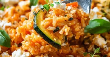 Leckere Reispfanne mit Zucchini und Feta in einer bunten Schale serviert.
