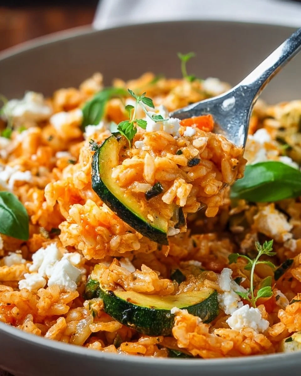 Leckere Reispfanne mit Zucchini und Feta in einer bunten Schale serviert.