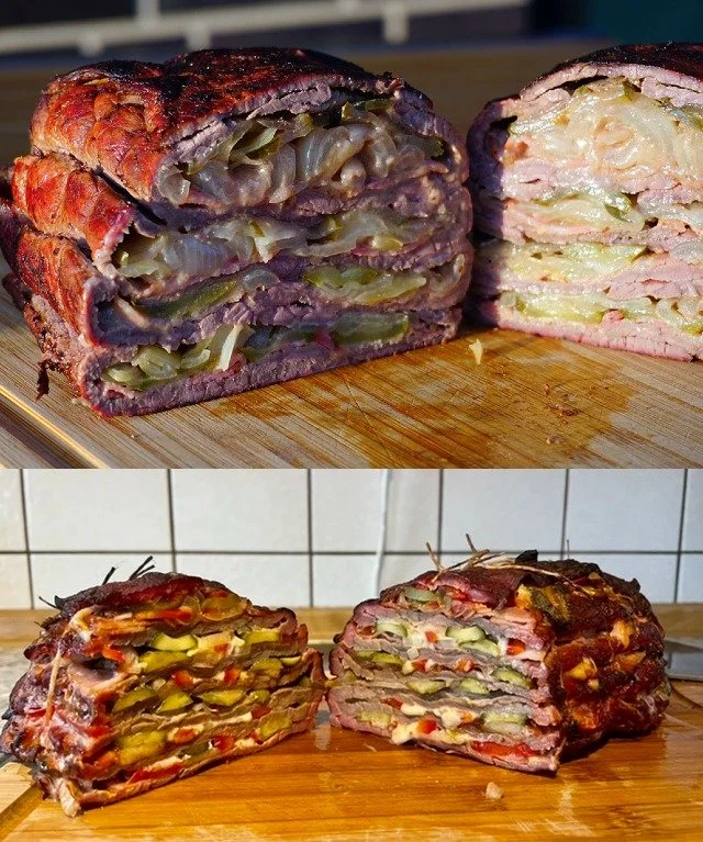 Rinderroulade mit Feta und Senfsauce auf einem dekorativen Teller