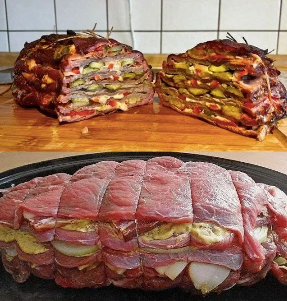 Rinderroulade mit Feta und Speck auf einem ansprechend angerichteten Teller