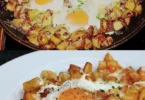 Röstkartoffeln mit Käse und Eiern auf einem Teller