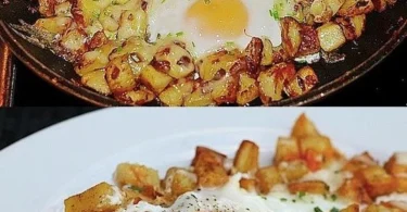 Röstkartoffeln mit Käse und Eiern auf einem Teller