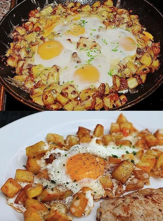 Röstkartoffeln mit Käse und Eiern auf einem Teller