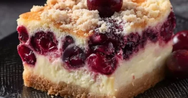 Saftiger Käsekuchen mit Kirschen und Streuseln auf einem weißen Teller