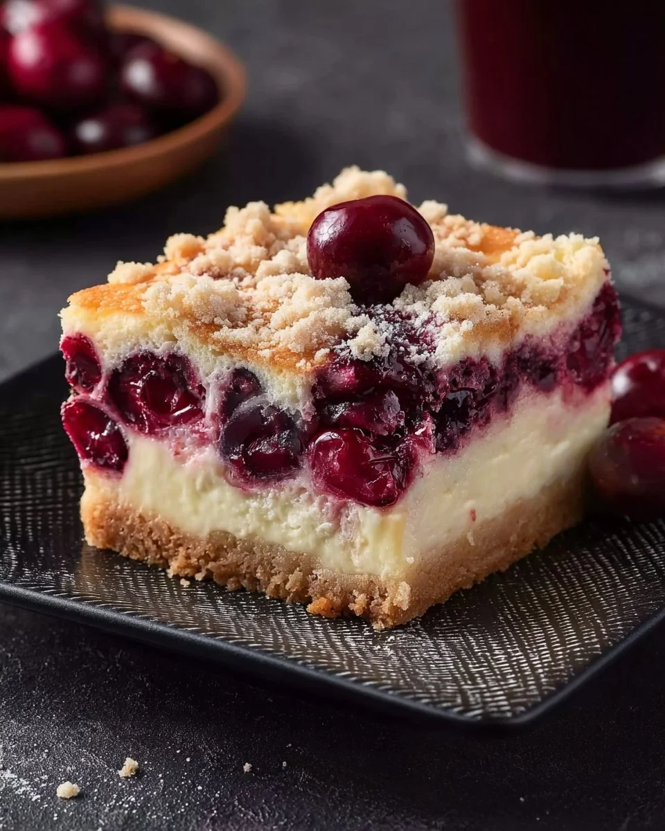 Saftiger Käsekuchen mit Kirschen und Streuseln auf einem weißen Teller
