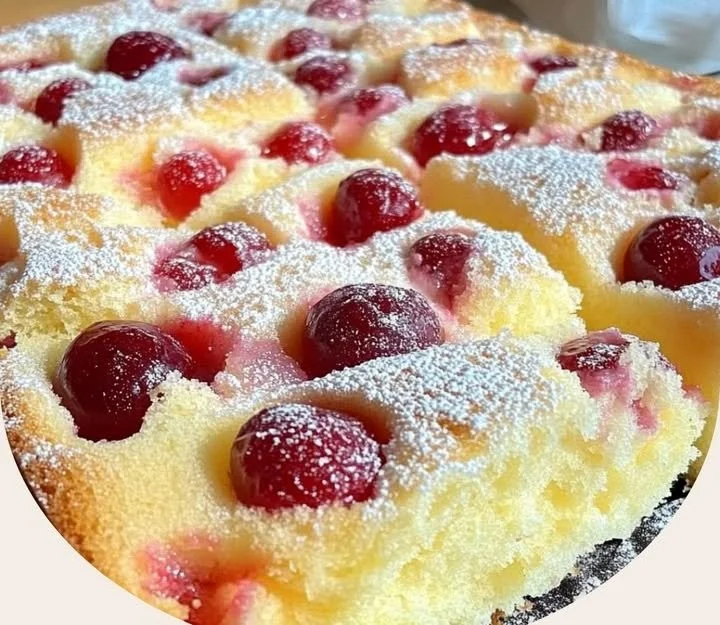 Saftiger Rührkuchen mit Kirschen und Vanille auf einem Teller