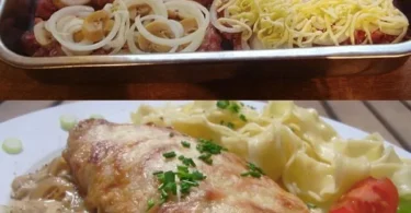 Delikates Sahne-Schnitzel mit Mett und Käse, überbacken
