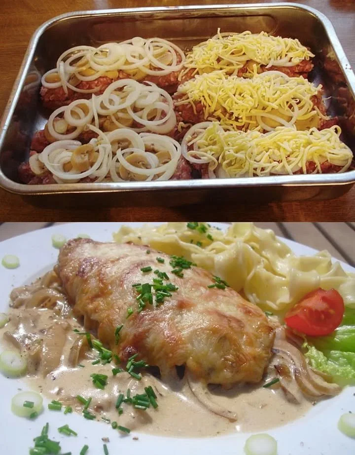 Sahne-Schnitzel mit Mett und Käse, überbacken