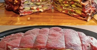Schichtbraten in Senfsauce auf einem eleganten Teller angerichtet.
