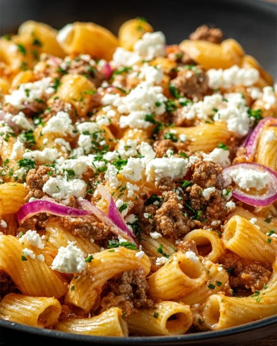 Schnelle Nudel-Hackfleisch-Pfanne mit Feta in einer Pfanne gekocht