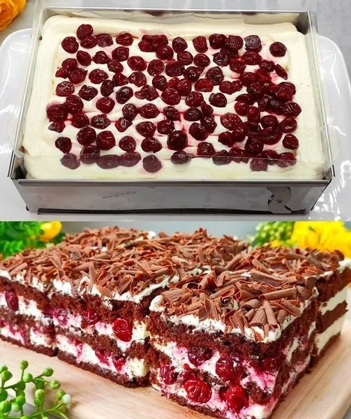 Schwarzwälder Kirschtorte mit Kirschen und Sahne in einer eleganten Präsentation