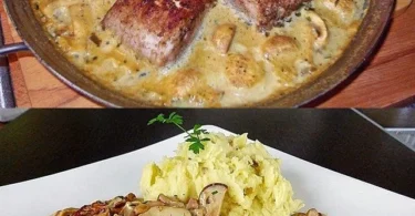 Schweinefilets in Senf-Sauce mit Pilzen auf einem Teller serviert