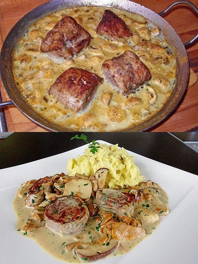 Schweinefilets in Senf-Sauce mit Pilzen
