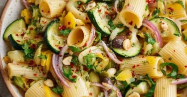Sommerlicher Nudelsalat mit Zucchini auf einem Teller