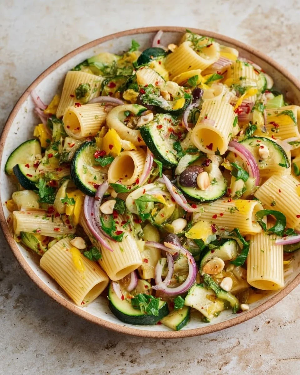 Sommerlicher Nudelsalat mit Zucchini auf einem Teller