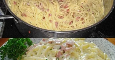 Schüssel mit Spaghetti Carbonara Südtiroler Art, lecker und cremig zubereitet