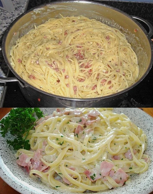 Schüssel mit Spaghetti Carbonara Südtiroler Art, lecker und cremig zubereitet