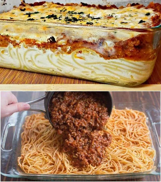 Leckere Spaghetti Auflauf mit Hackfleisch auf einem Teller serviert