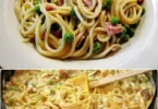 Spaghetti in Frischkäse-Sauce mit Schinken und Pilzen, eine leckere Pastavariante.