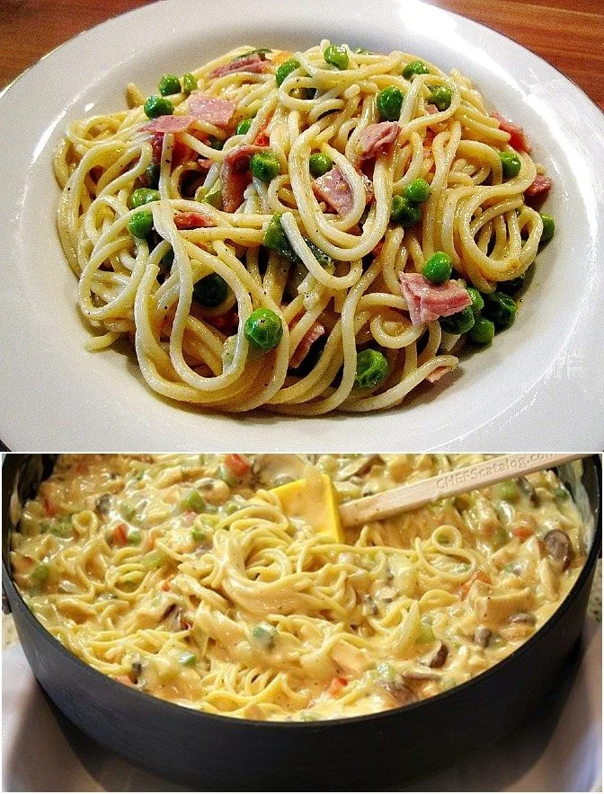 Spaghetti in Frischkäse-Sauce mit Schinken und Pilzen