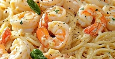 Spaghetti mit Garnelen in einer cremigen Frischkäse-Sauce serviert.