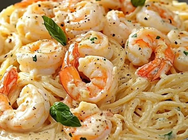 Spaghetti mit Garnelen in einer cremigen Frischkäse-Sauce serviert.