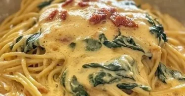 Spaghetti mit Spinatsauce und Frischkäse an einem Teller serviert