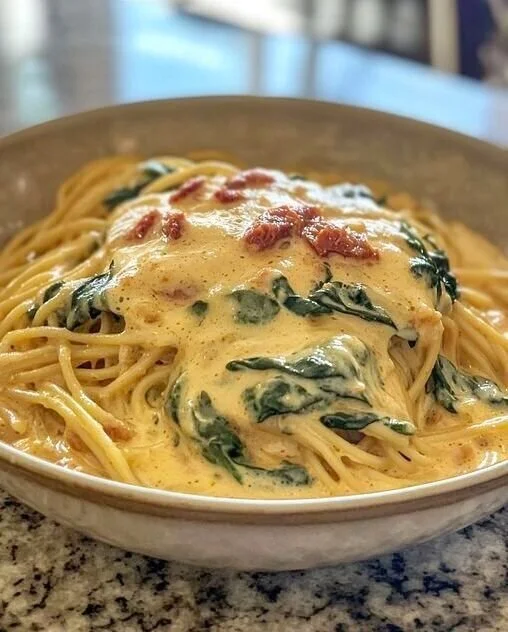 Spaghetti mit Spinatsauce und Frischkäse an einem Teller serviert