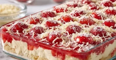 Leckerer Spaghettieis-Blechkuchen mit frischen Zutaten und Sahne garnierte