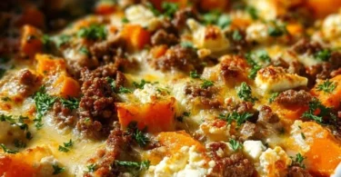 Süßkartoffel-Hackfleischauflauf mit Feta auf einem Teller serviert