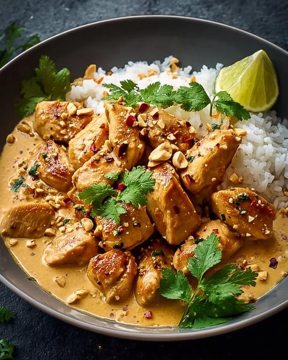 Delicious Thai Erdnuss Hühnchen mit Erdnusssauce und frischem Gemüse