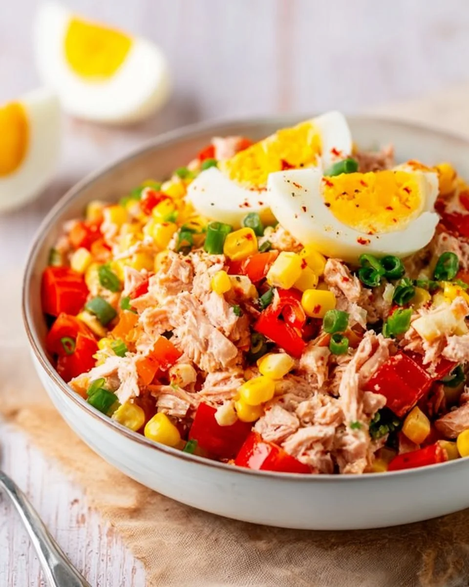 Leckerer Thunfisch-Salat mit Eiern, Mais und Paprika auf einem Teller serviert.