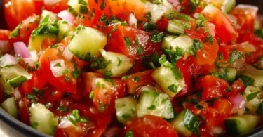 Ein erfrischender Tomaten Gurken Salat in einer bunten Schüssel.